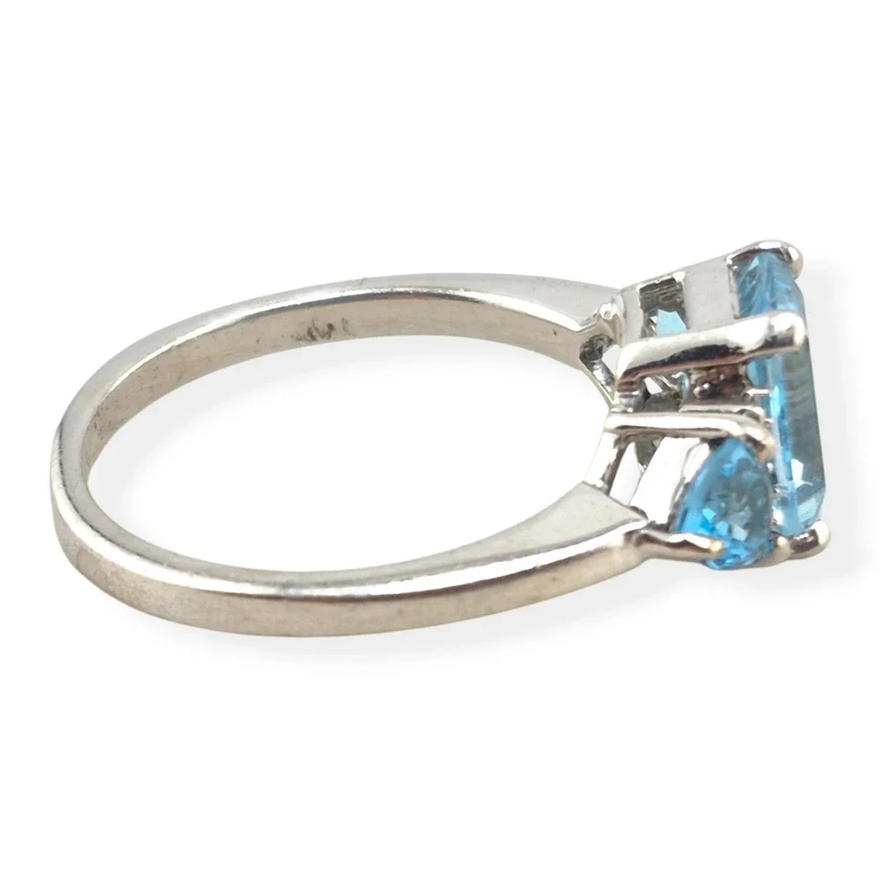 Art Deco Sterling Silver Blue Topaz CZ Three Stone Emerald Cut Ring Size 7.25